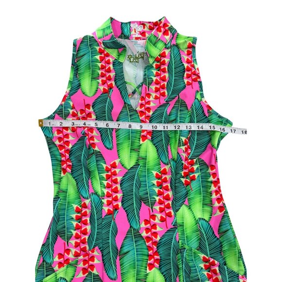 Tzu Tzu Sleeveless Dress Tropical Leaf Print Ruffle-Hem Green Pink USA Size S - Picture 5 of 7